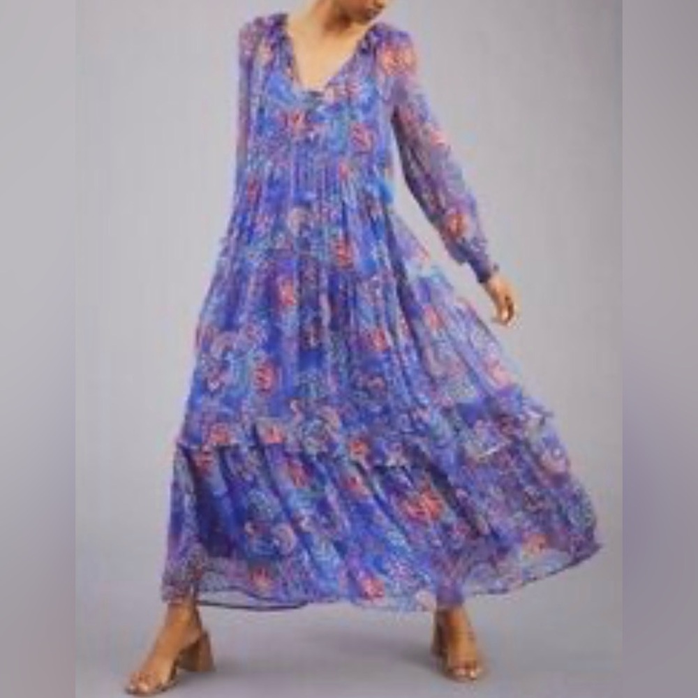 Anthropologie Vibrant Blue Floral Long Sleeve Dress Size XL
